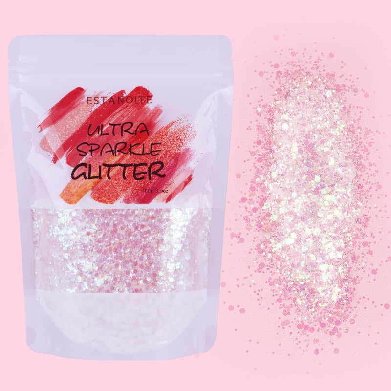 Estanoite Iridescent Chunky Glitter 100g  Mixed Glitter Multi Purpose Chunky Glitter for Arts & Crafts Wine Glass Decoration Weddings Flowers  Cosmetic Glitter for Face Eye Body Nails Hair (White) - Image 1